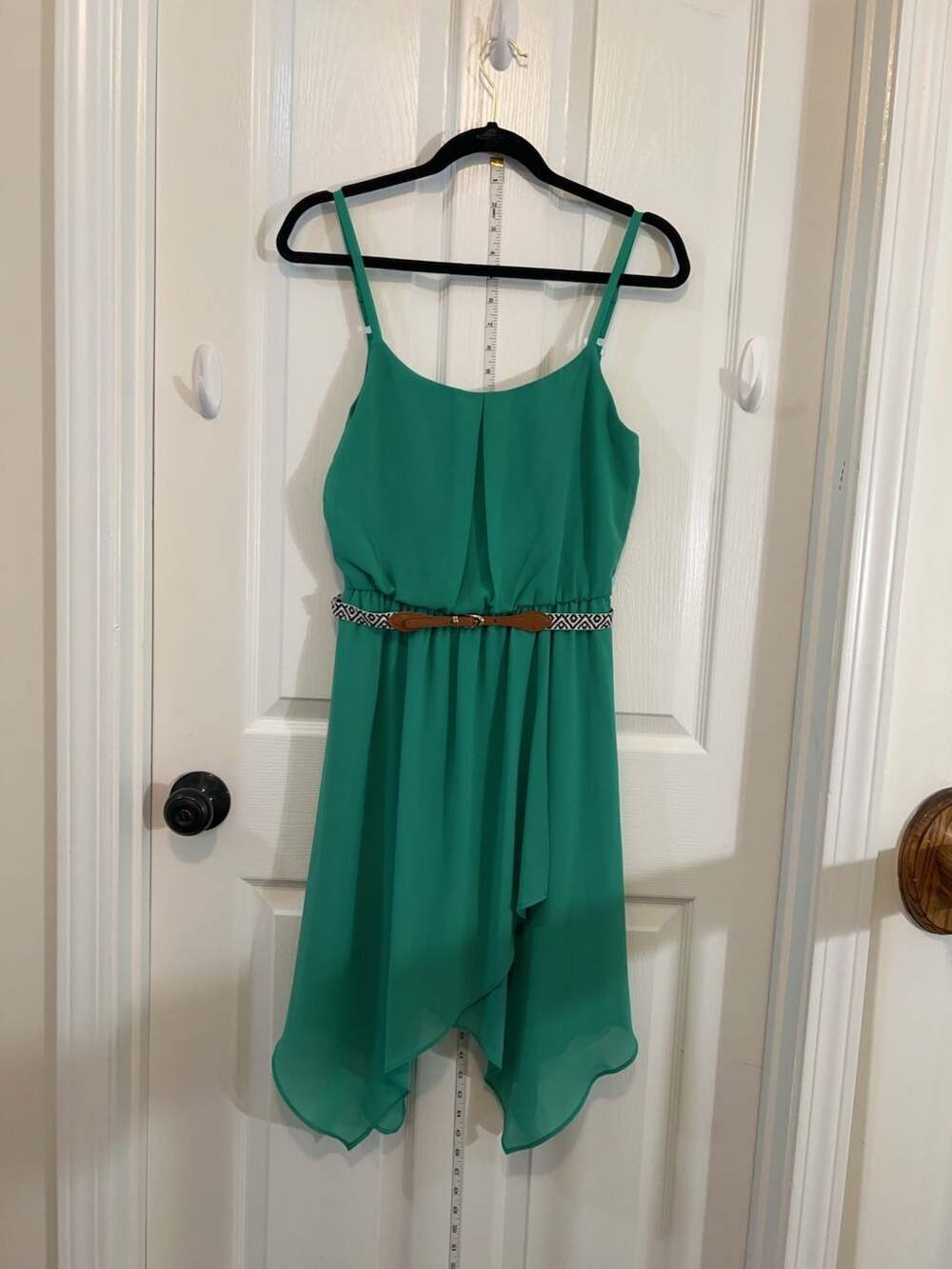 BCX Green Chiffon Handkerchief Hem Dress with Belt (S)